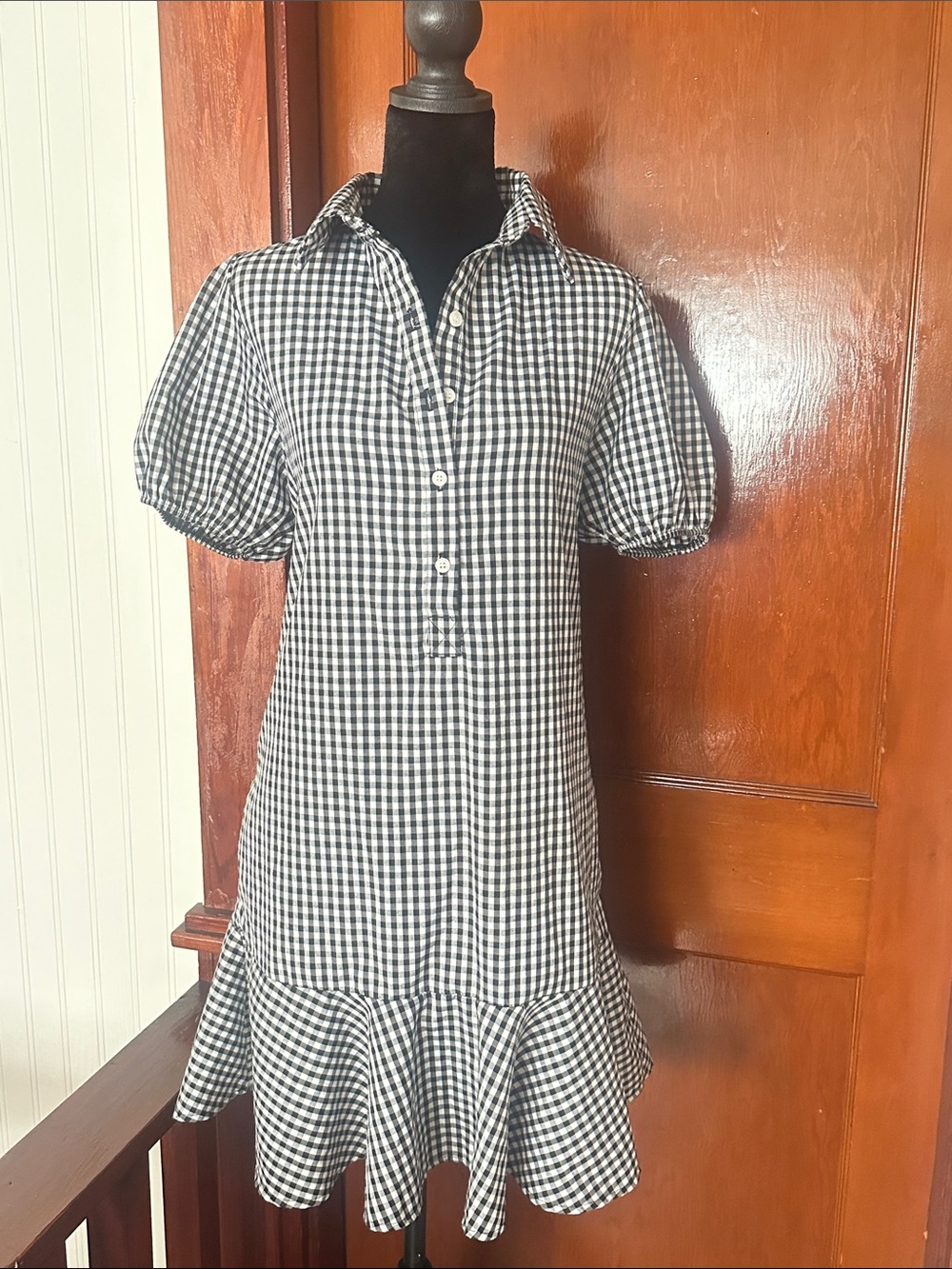 love...ady Black and White Gingham Puff-Sleeve Mini Dress